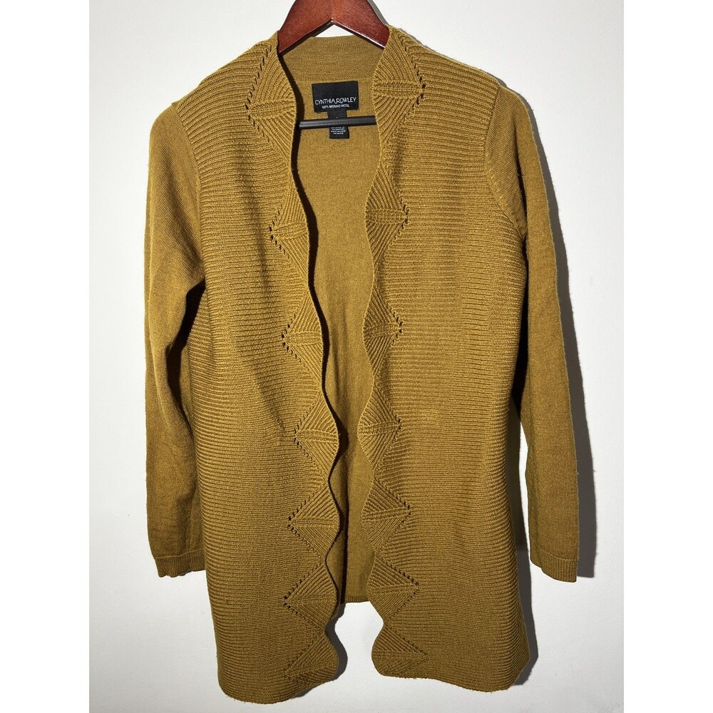 Cynthia Rowley Cardigan Kimono Size S Mustard 100% Merino Wool Knitted Scalloped